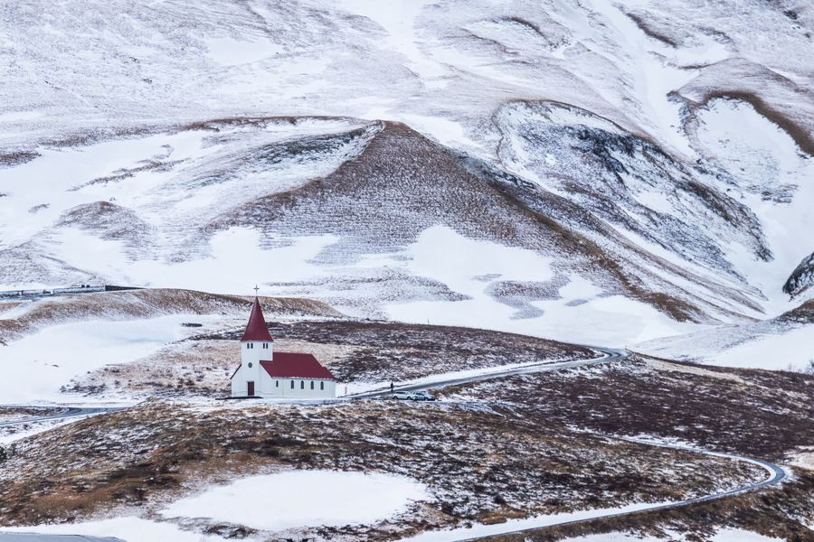 Iceland, Vik, Church, Winter