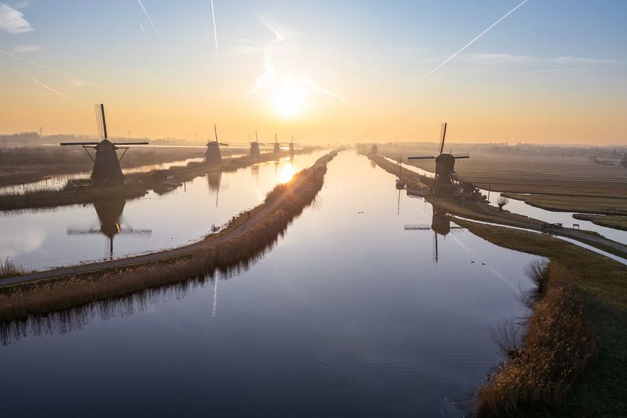 The Netherlands, Rotterdam, Kinderdijk, Windmills, Golden, Hour, Drone