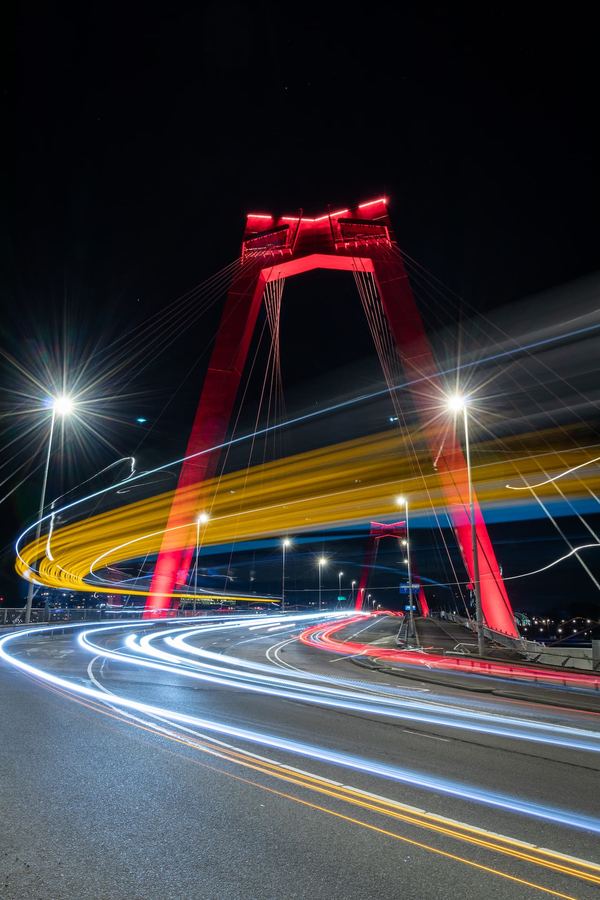 The Netherlands, Rotterdam, Willemsbrug, Car Trails