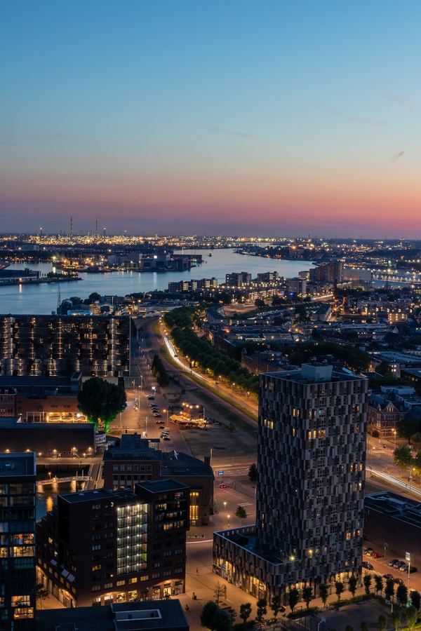 The Netherlands, Rotterdam, Euromast view, Skyline, Sunset