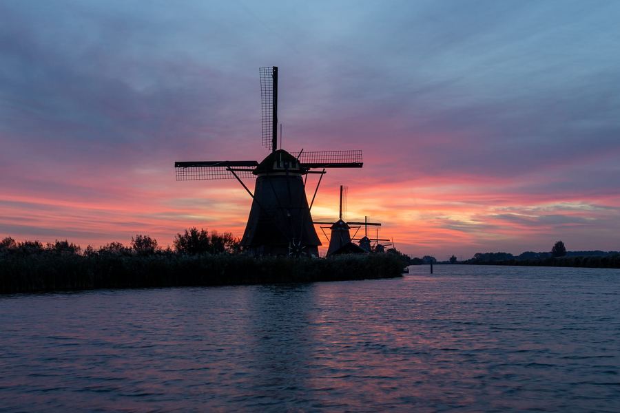 The Netherlands, Rotterdam, Kinderdijk, Windmills, Sunrise