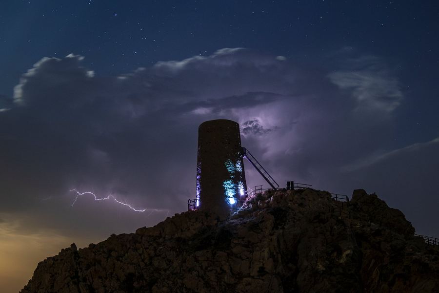 Torre del Pirulico, Mojácar, Spain, Thunder, Full Moon, Thundercloud