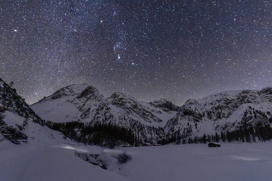 Switzerland, Davos, Night, Sky, Mountains, Winter