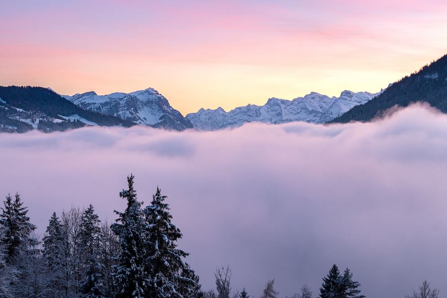 Switzerland, Ägeri, Winter, Sunset